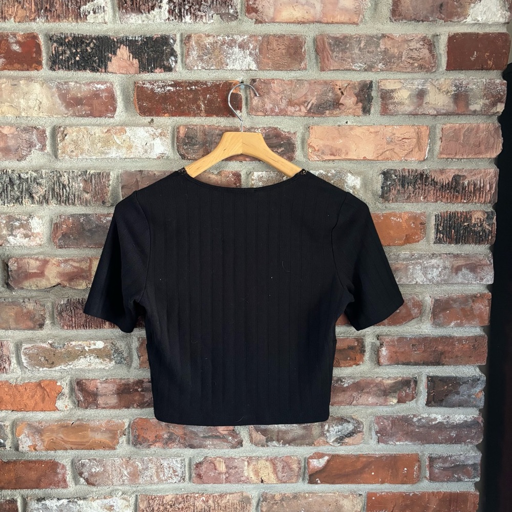 Rihoas Black Lace Trim Ribbed Crop Short Sleeve Shirt Top, S - Picture 6 of 6